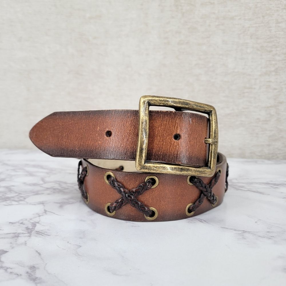 Brown Bonded Leather Belt with Brass Buckle Braided X Design Western